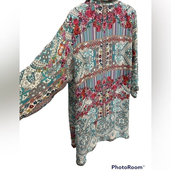 Johnny Was Brock pink blue red floral print tie front kimono duster top medium - Picture 9 of 13